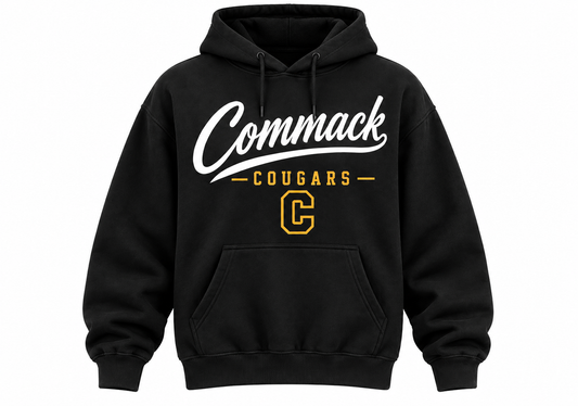 Commack white script gold Cougars hoodie in black