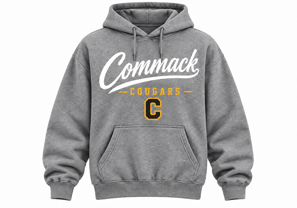 Commack white script gold Cougars hoodie in gray