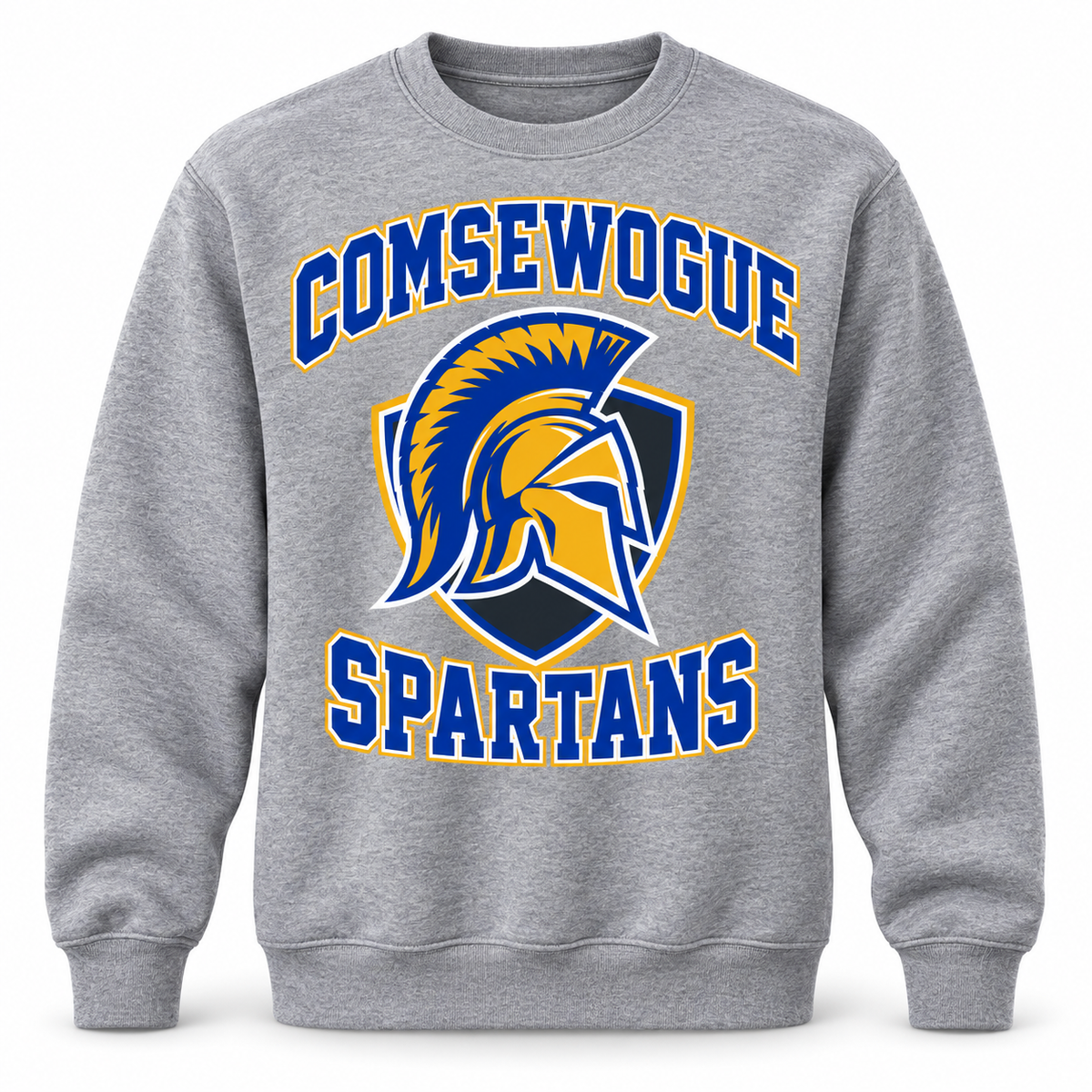 Comsewogue Spartans Crest Crewneck Sweatshirt in Heather Gray, front view
