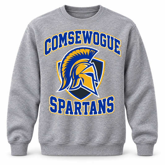 Comsewogue Spartans Crest Crewneck Sweatshirt in Heather Gray, front view