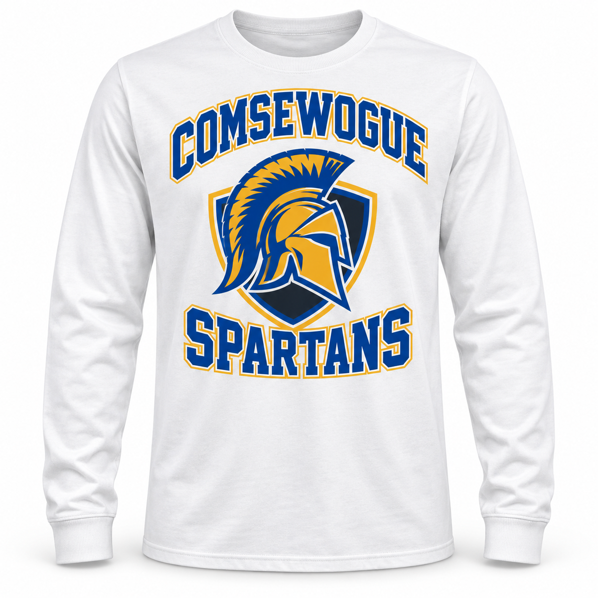 Comsewogue Spartans Collegiate Long Sleeve Tee in White, front view