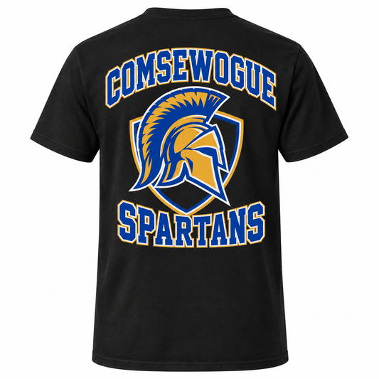 Comsewogue Varsity Tee — Black — single black garment back view