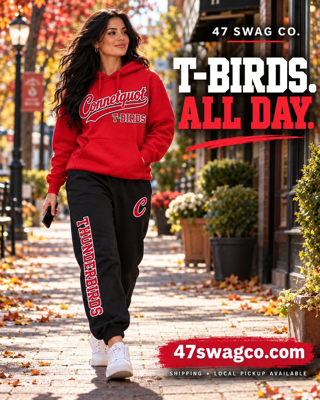 Connetquot red hoodie and black baggy sweatpants on black-haired model