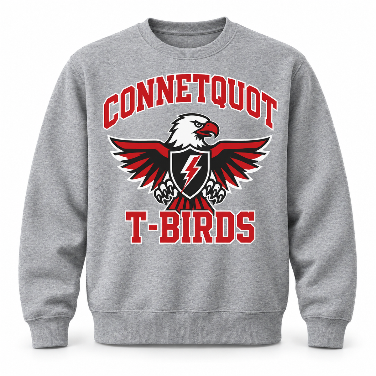 Connetquot T-Birds Crest Crewneck Sweatshirt in Heather Gray, front view