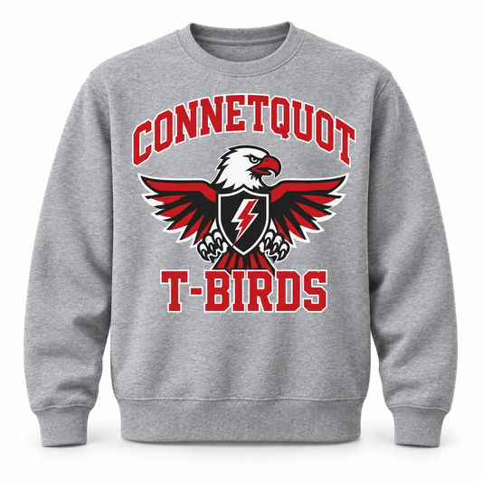 Connetquot T-Birds Crest Crewneck Sweatshirt in Heather Gray, front view