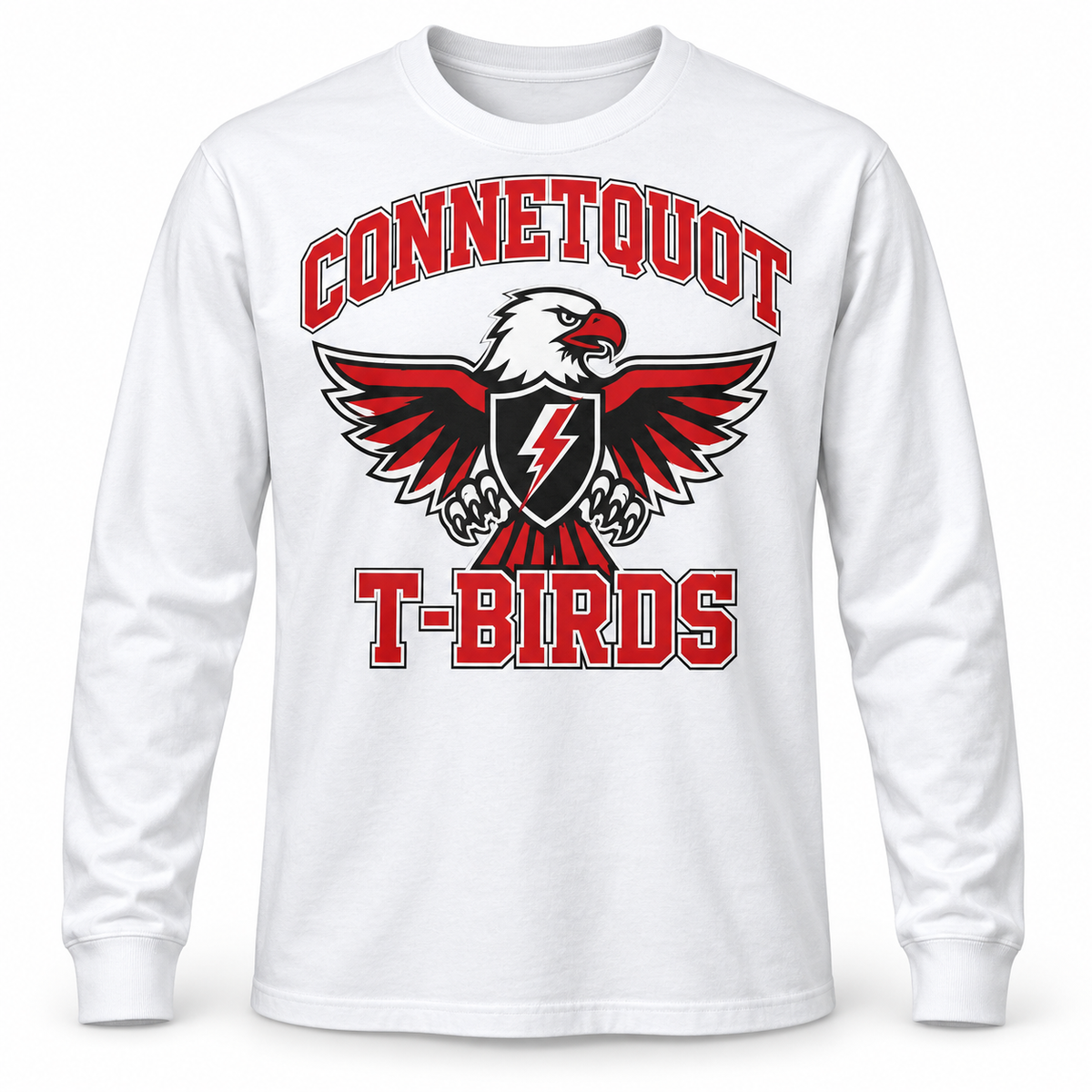 Connetquot T-Birds Collegiate Long Sleeve Tee in White, front view