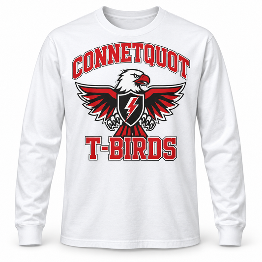 Connetquot T-Birds Collegiate Long Sleeve Tee in White, front view