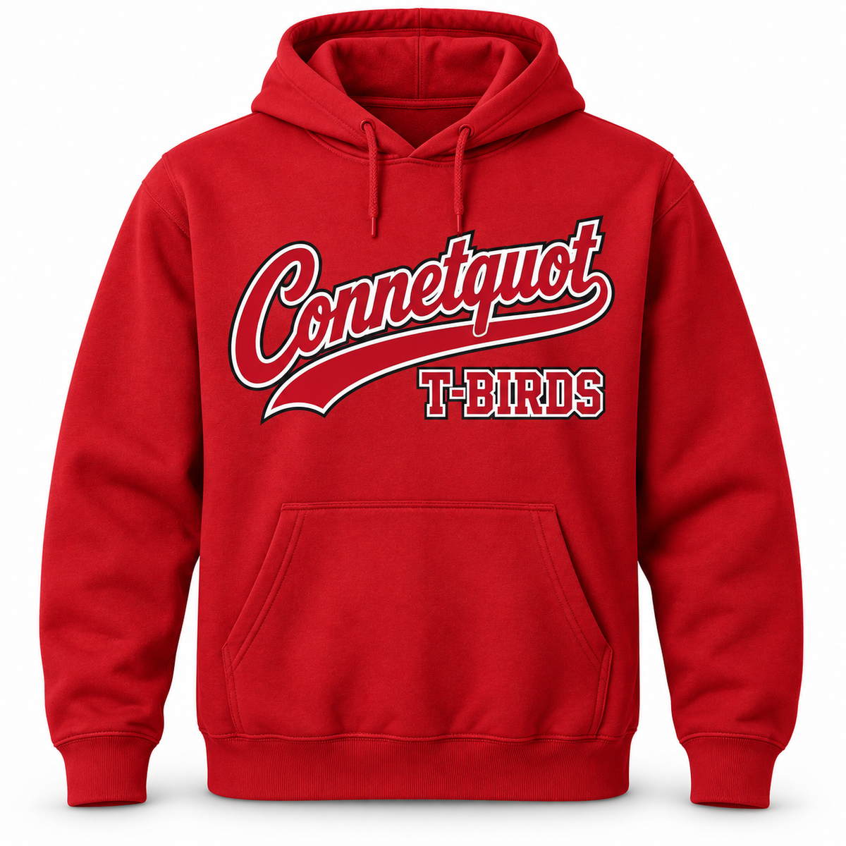 Connetquot T-Birds Script Pullover Hoodie in Red, front view