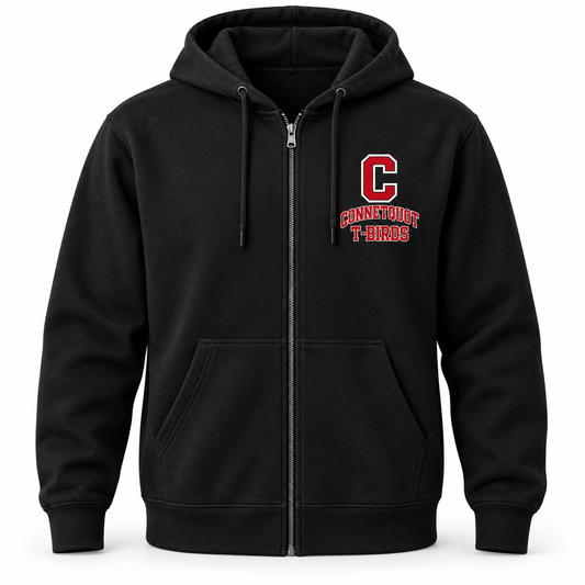 Connetquot T-Birds Monogram Zip Hoodie in Black, front view