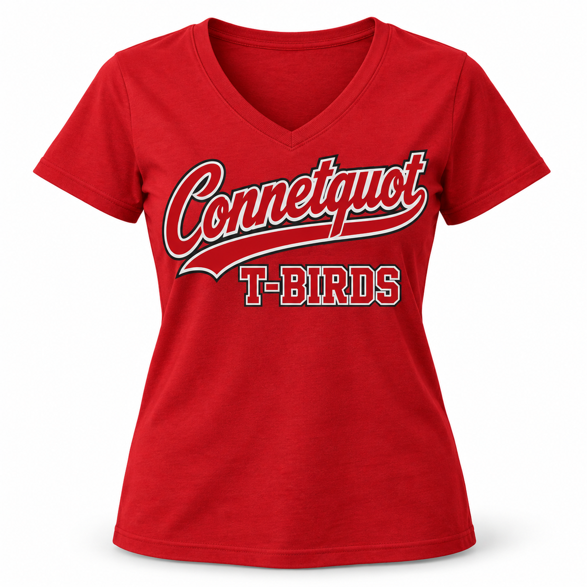 Connetquot T-Birds Women's Script V-Neck Tee in Red, front view