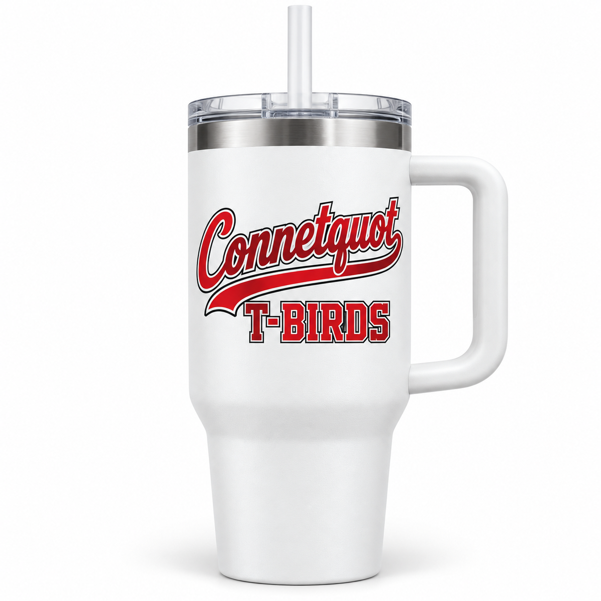 Connetquot T-Birds Script Handled Tumbler in White, front view