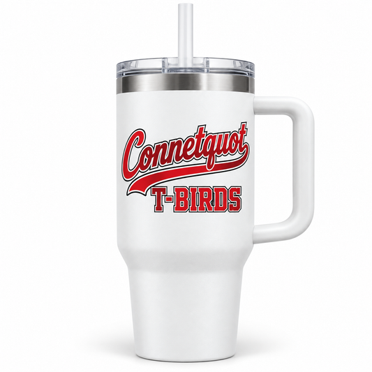 Connetquot T-Birds Script Handled Tumbler in White, front view