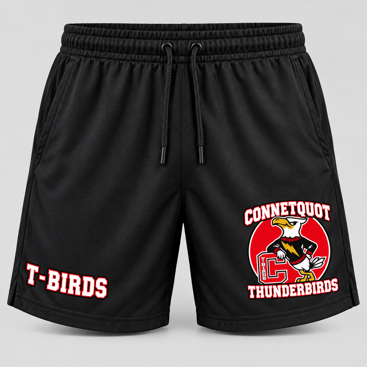Connetquot T-Birds athletic shorts Black front