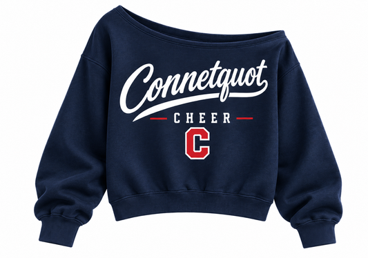 Connetquot Cheer Women's Heritage Script Off-Shoulder Crop Sweatshirt in Navy