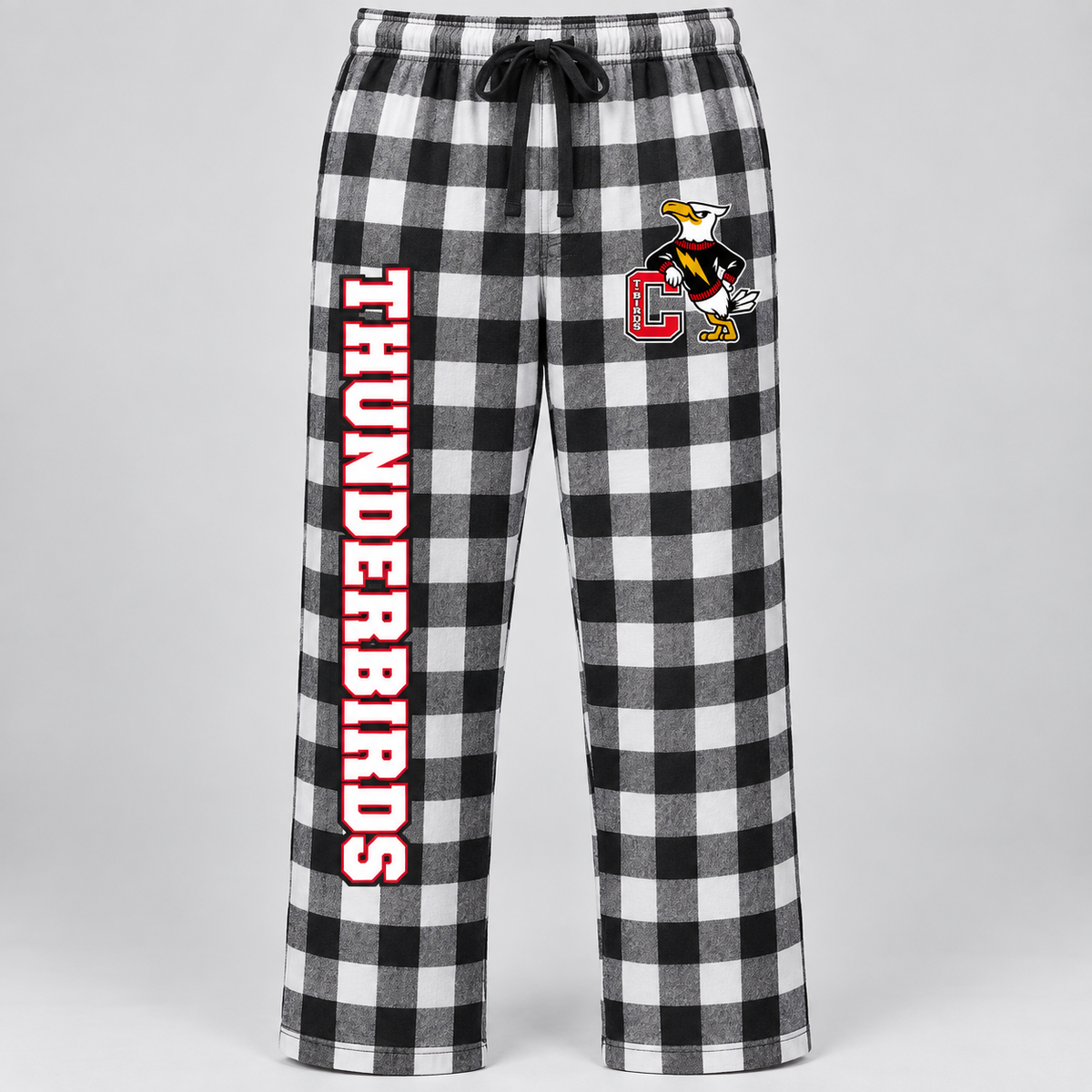 Connetquot Thunderbirds flannel pajama pants Black / White Plaid front