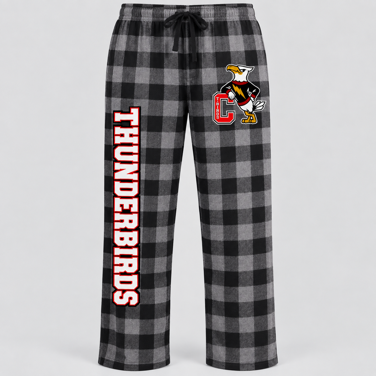 Connetquot Thunderbirds flannel pajama pants Gray / Black Plaid front