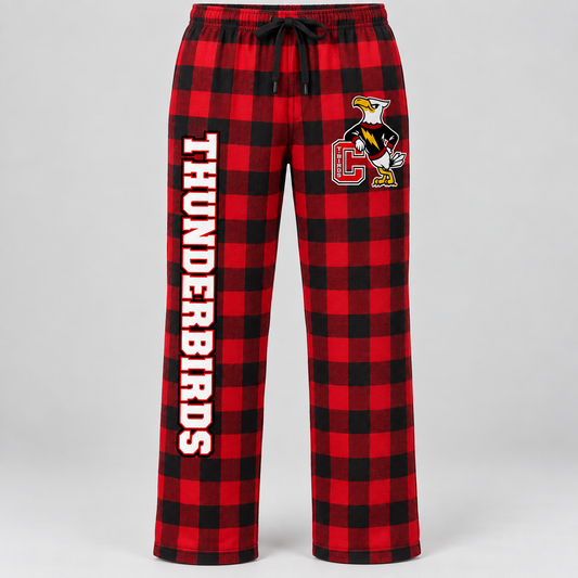 Connetquot Thunderbirds flannel pajama pants Red / Black Plaid front