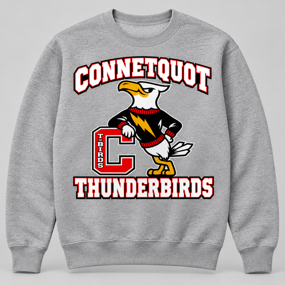Connetquot T-Birds Heritage Mascot Crewneck — Youth in Heather Gray