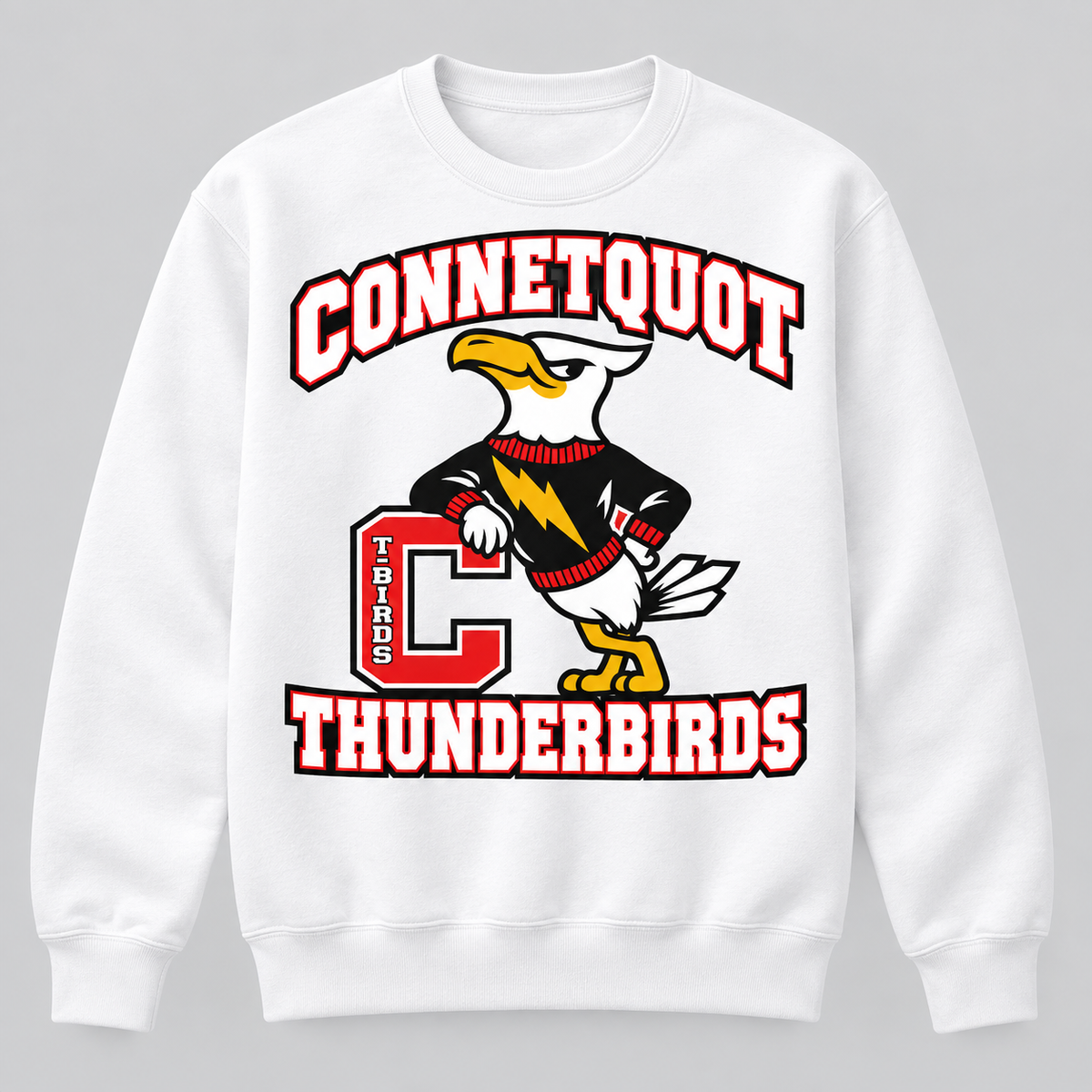 Connetquot T-Birds Heritage Mascot Crewneck — Youth in White
