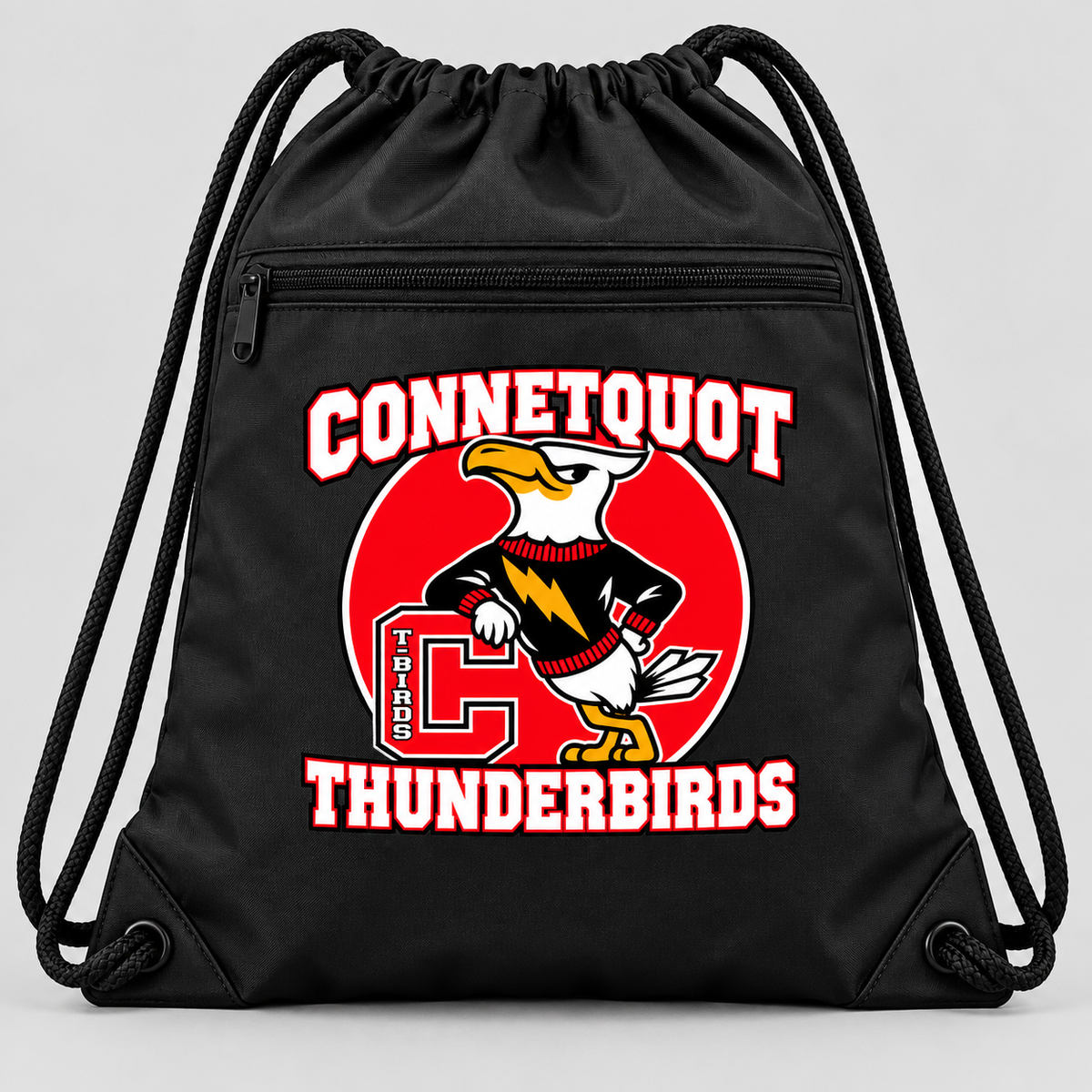 Connetquot Thunderbirds Heritage Mascot Zip Drawstring Bag Black