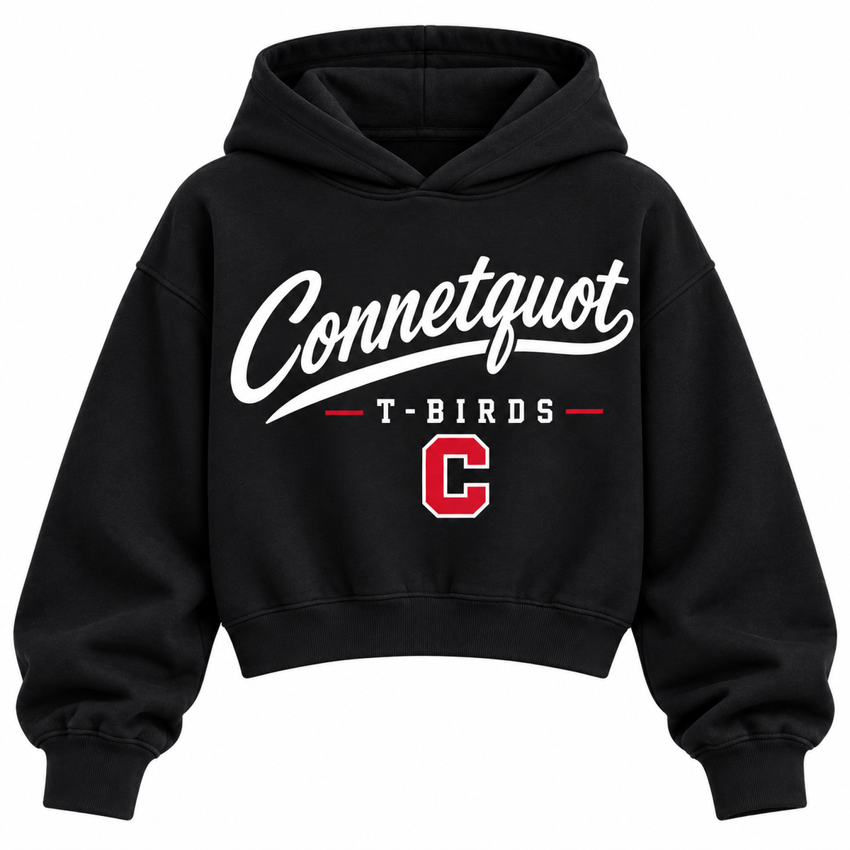 Connetquot T-Birds black cropped hoodie with heritage school script and varsity monogram on front
