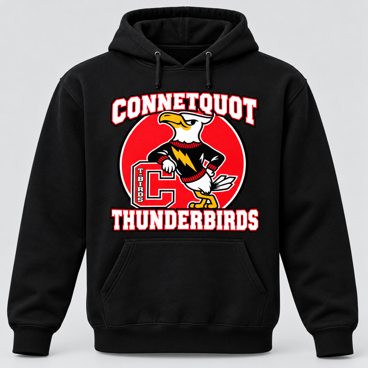 Connetquot T-Birds Heritage Mascot Pullover Hoodie — Youth in Black