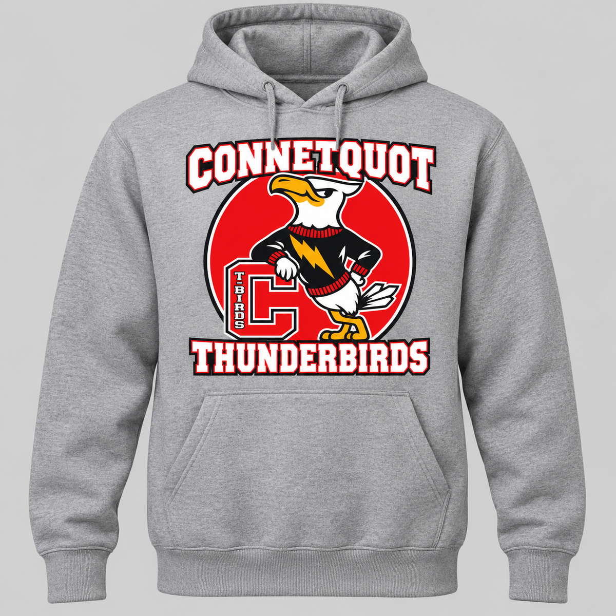 Connetquot T-Birds Heritage Mascot Pullover Hoodie — Youth in Heather Gray