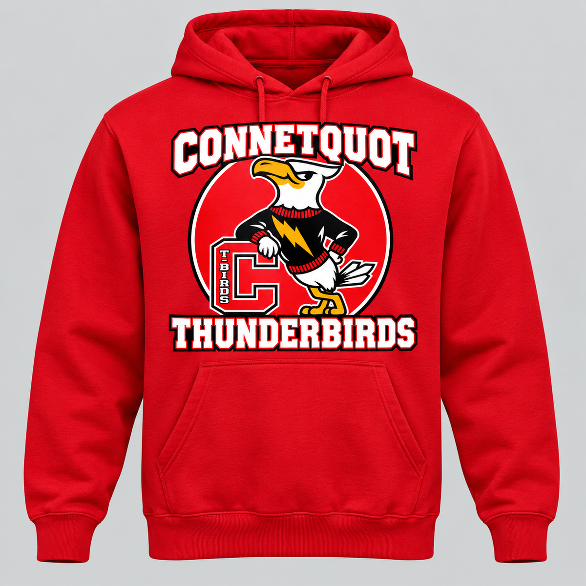 Connetquot T-Birds Heritage Mascot Pullover Hoodie — Youth in Red