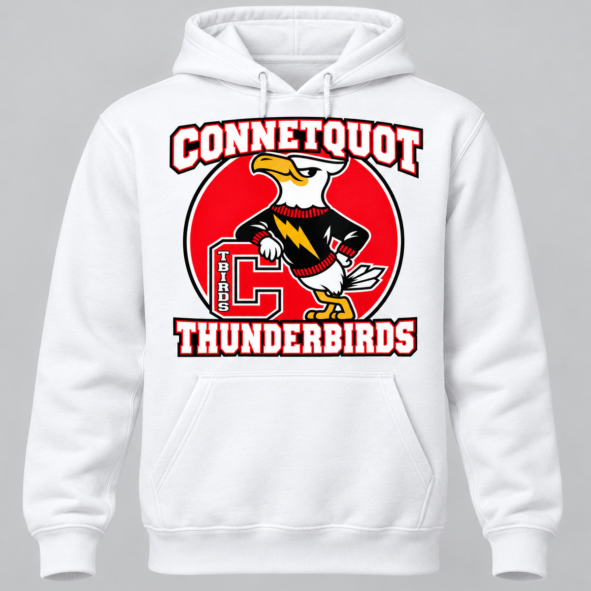 Connetquot T-Birds Heritage Mascot Pullover Hoodie — Youth in White