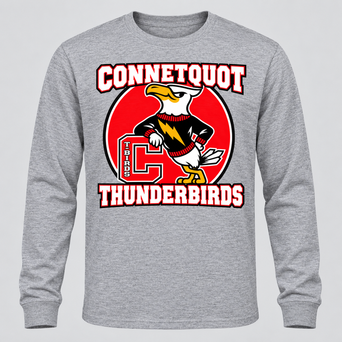 Connetquot T-Birds Heritage Mascot Long Sleeve — Youth in Heather Gray