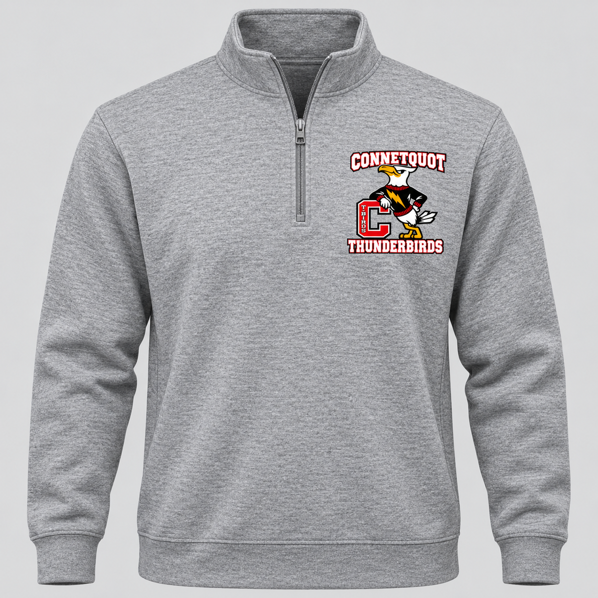 Connetquot T-Birds Heritage Mascot Quarter Zip — Adult in Heather Gray