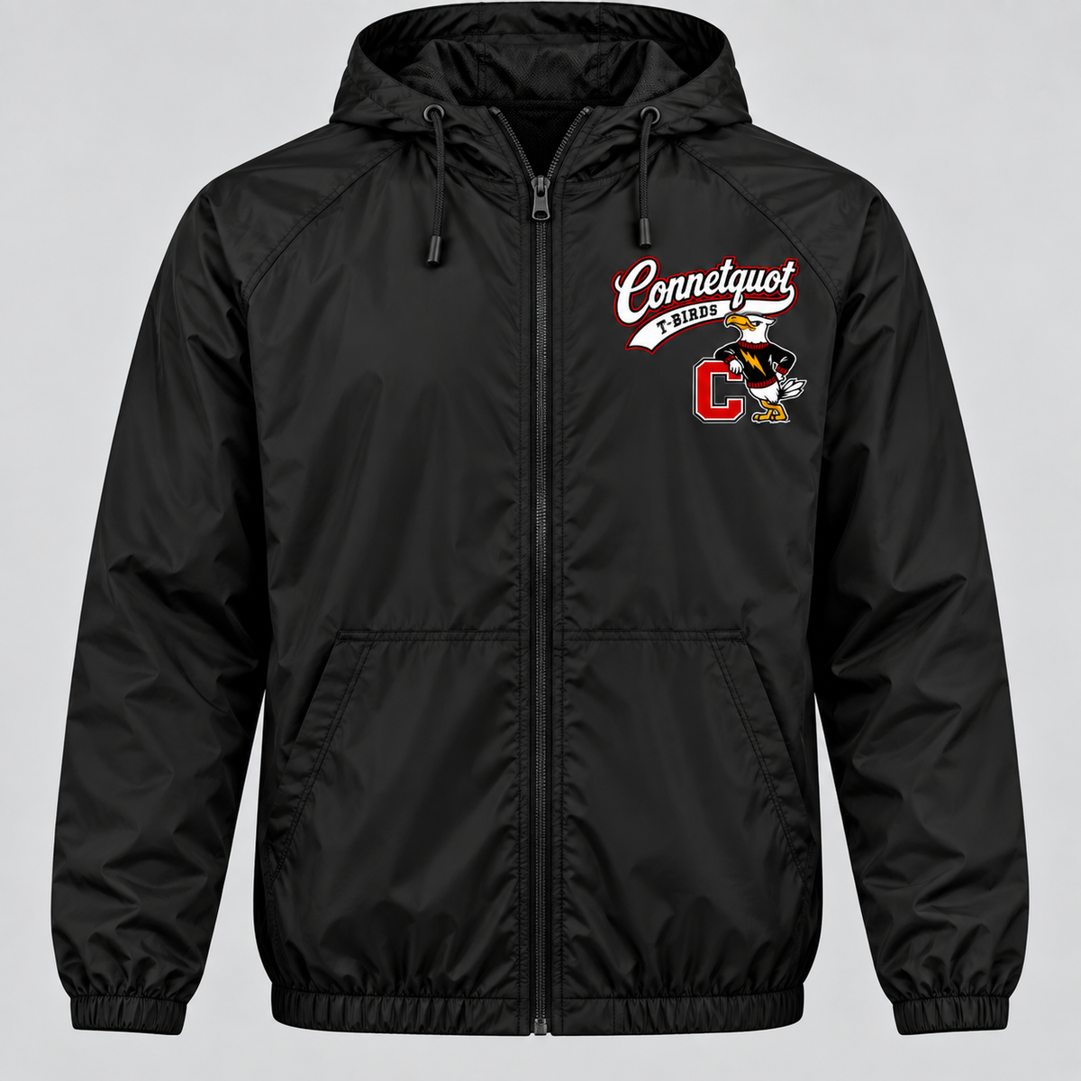 Connetquot T-Birds Heritage Script Full-Zip Windbreaker — Adult | Free Name Personalization in Black