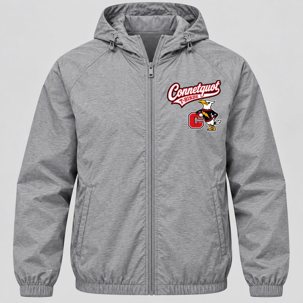 Connetquot T-Birds Heritage Script Full-Zip Windbreaker — Adult | Free Name Personalization in Heather Gray