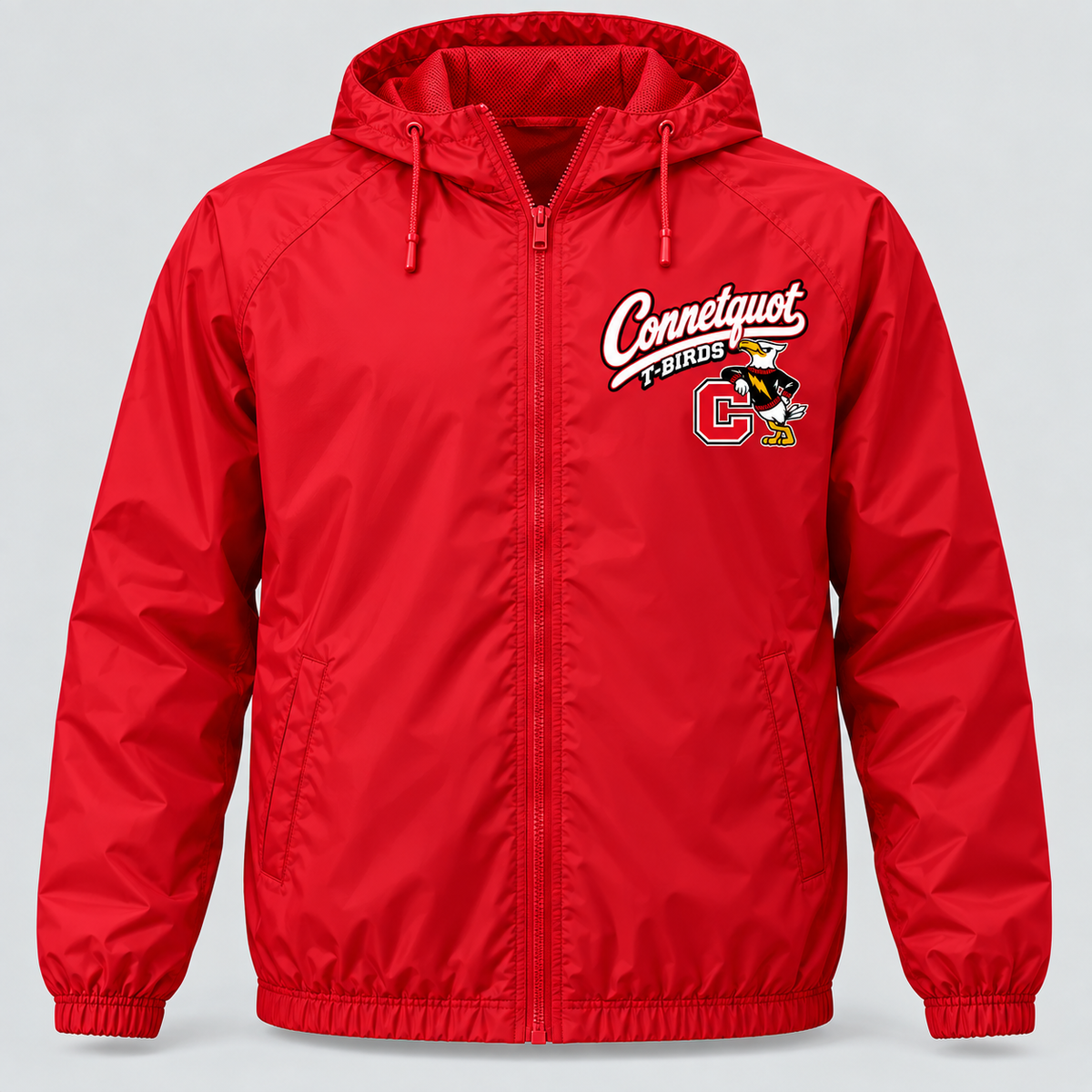 Connetquot T-Birds Heritage Script Full-Zip Windbreaker — Adult | Free Name Personalization in Red