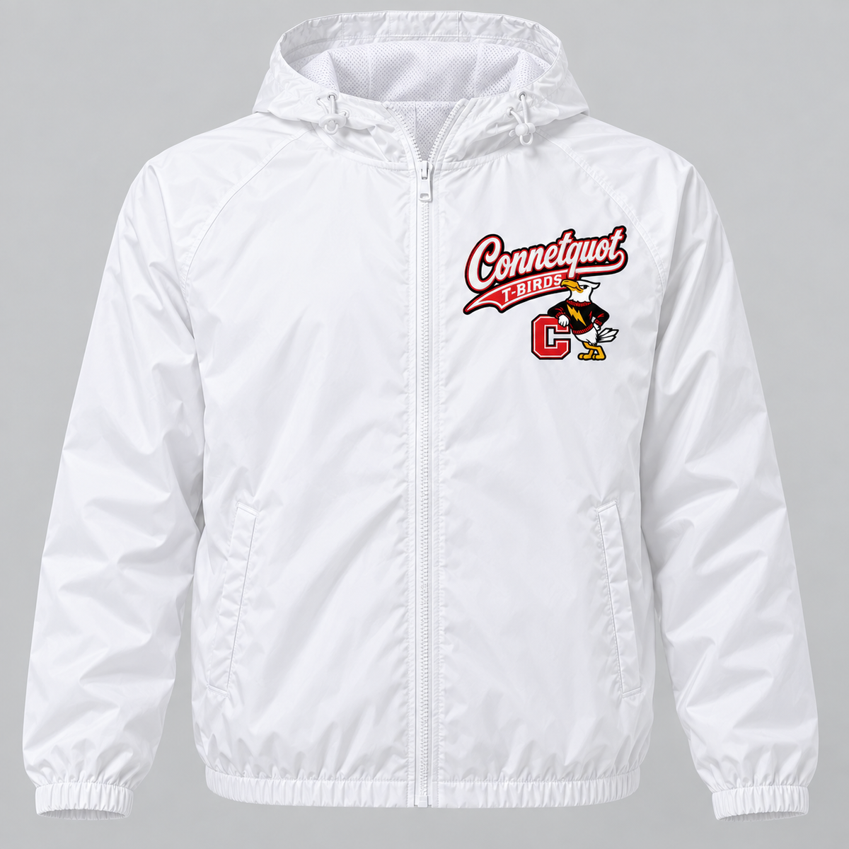 Connetquot T-Birds Heritage Script Full-Zip Windbreaker — Adult | Free Name Personalization in White