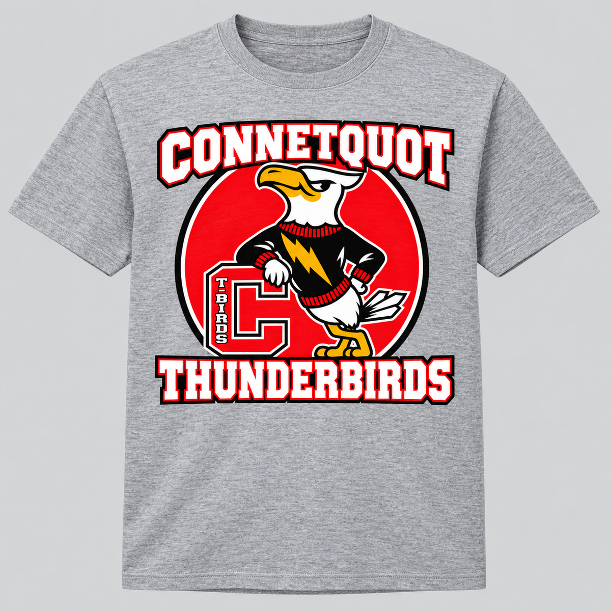 Connetquot T-Birds Heritage Mascot T-Shirt — Youth in Heather Gray