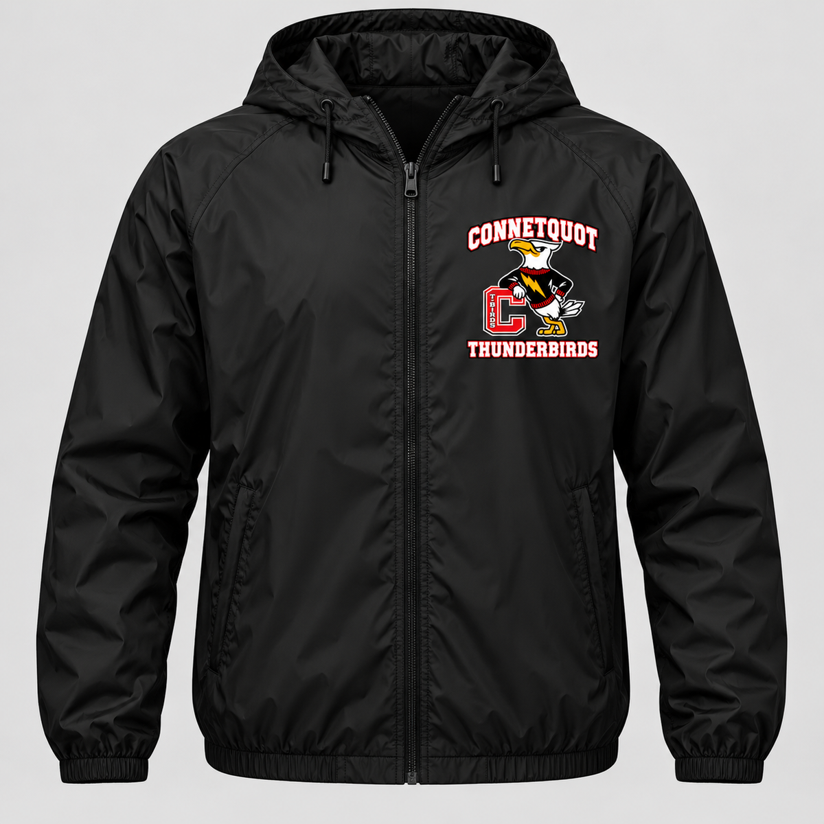 Connetquot T-Birds Heritage Mascot Full-Zip Windbreaker — Adult | Free Name Personalization in Black