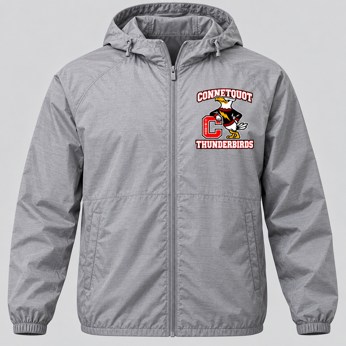 Connetquot T-Birds Heritage Mascot Full-Zip Windbreaker — Adult | Free Name Personalization in Heather Gray