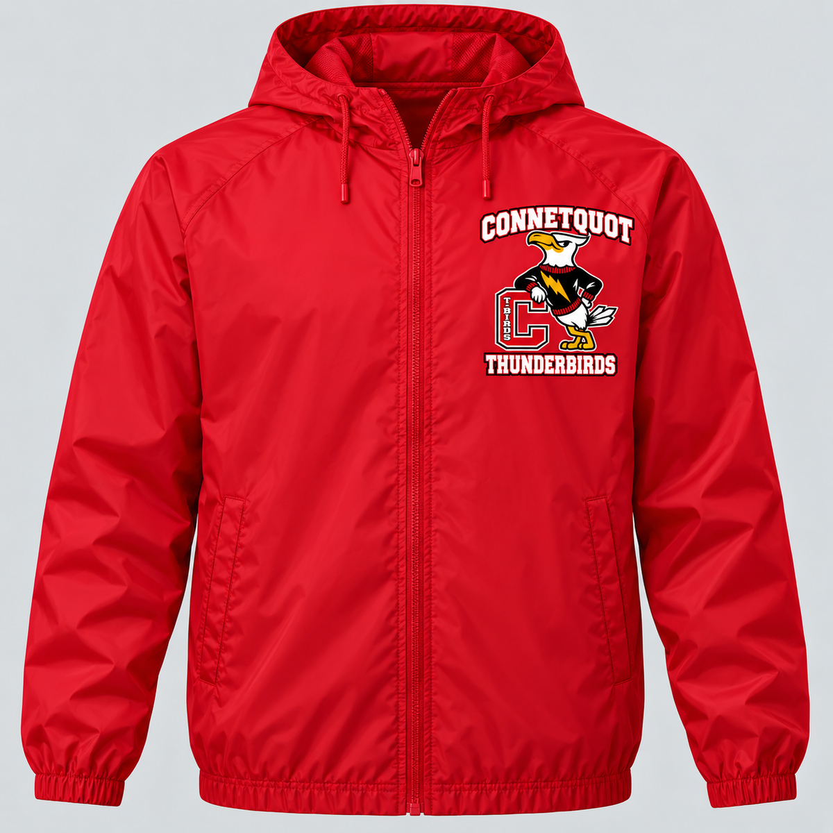 Connetquot T-Birds Heritage Mascot Full-Zip Windbreaker — Adult | Free Name Personalization in Red