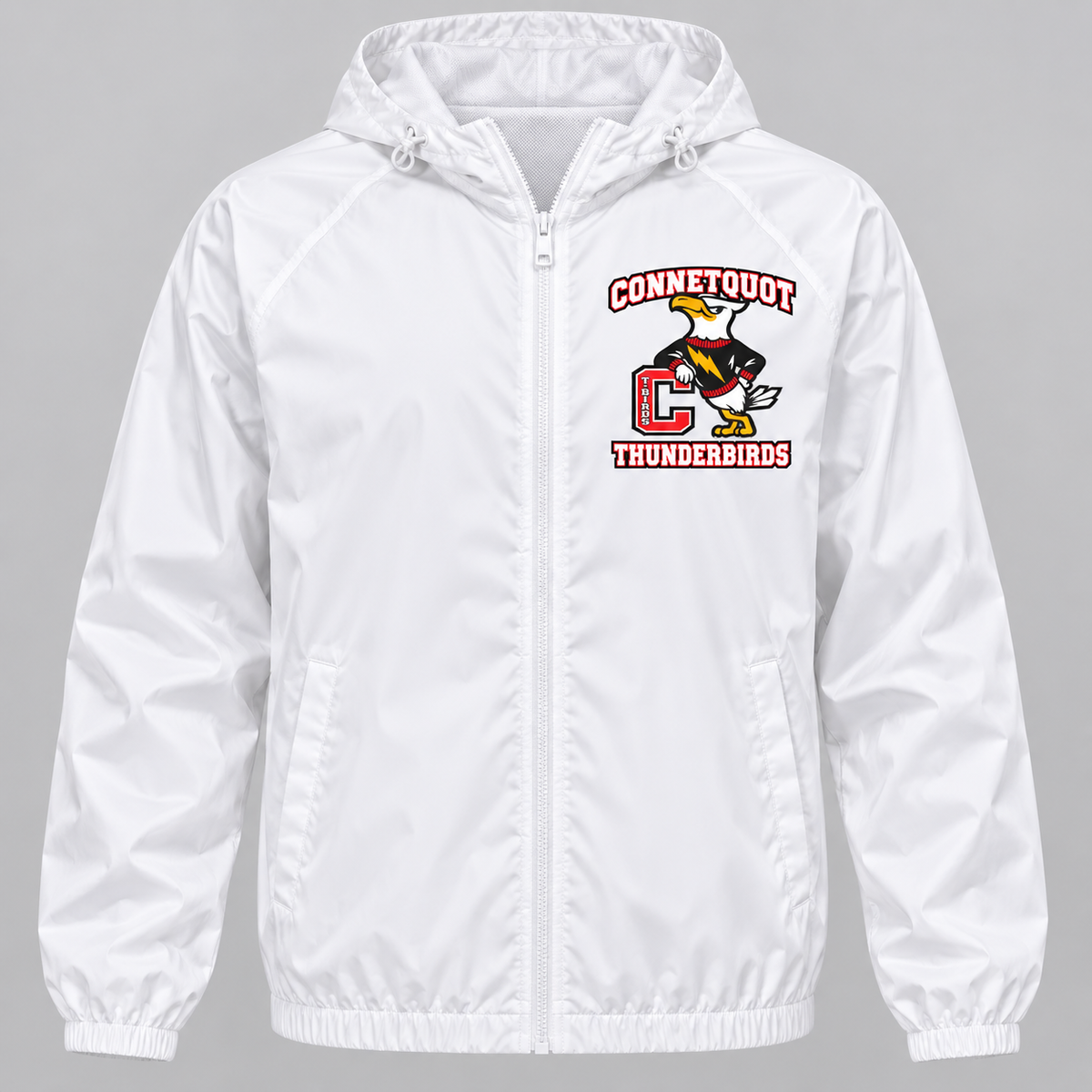 Connetquot T-Birds Heritage Mascot Full-Zip Windbreaker — Adult | Free Name Personalization in White