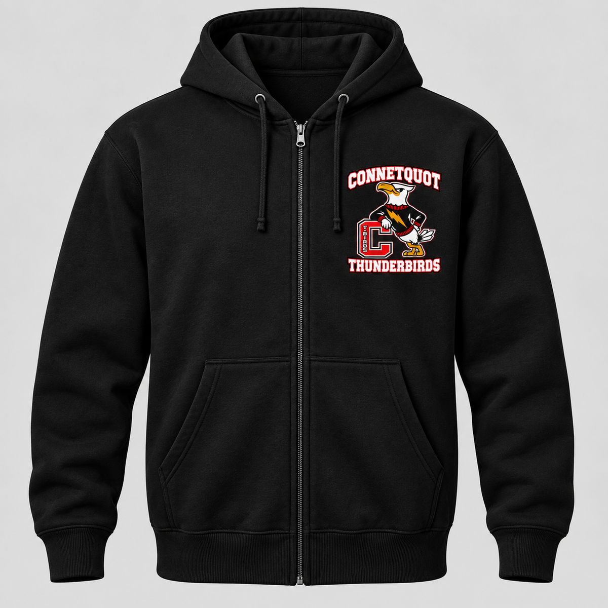 Connetquot T-Birds Heritage Mascot Zip Hoodie — Adult | Free Name Personalization in Black