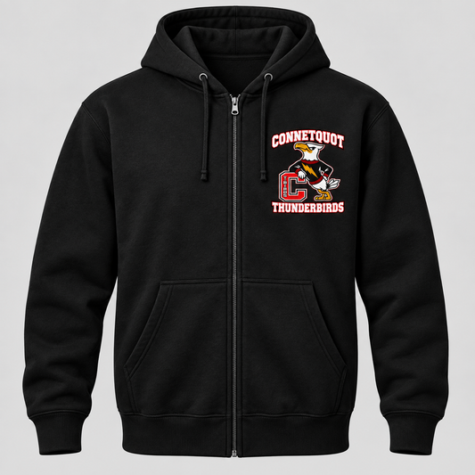 Connetquot T-Birds Heritage Mascot Zip Hoodie — Adult | Free Name Personalization in Black
