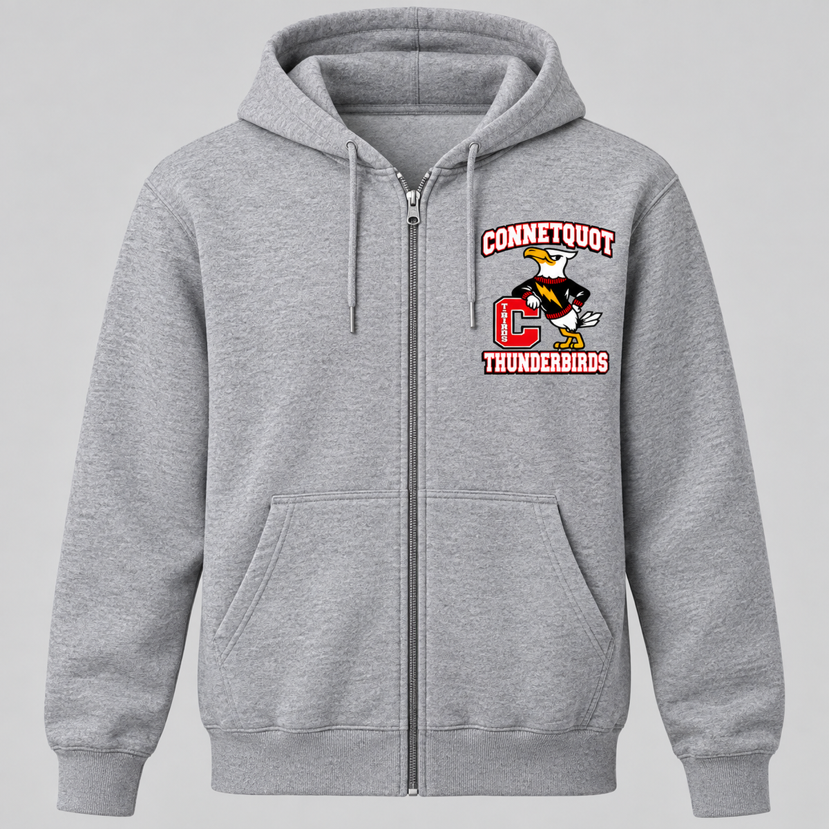 Connetquot T-Birds Heritage Mascot Zip Hoodie — Adult | Free Name Personalization in Heather Gray