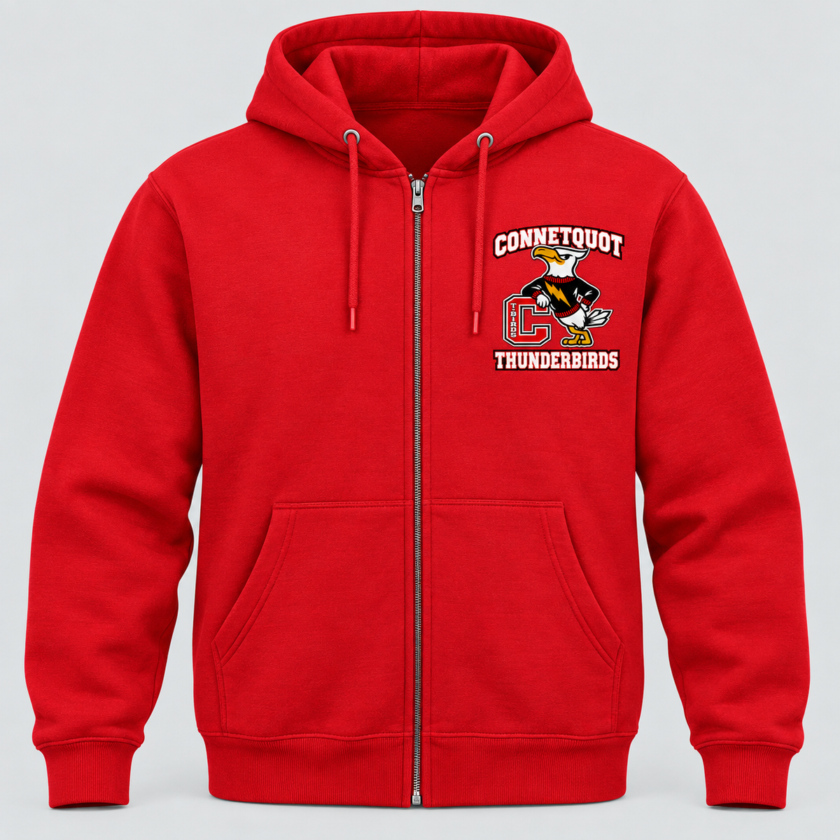 Connetquot T-Birds Heritage Mascot Zip Hoodie — Adult | Free Name Personalization in Red