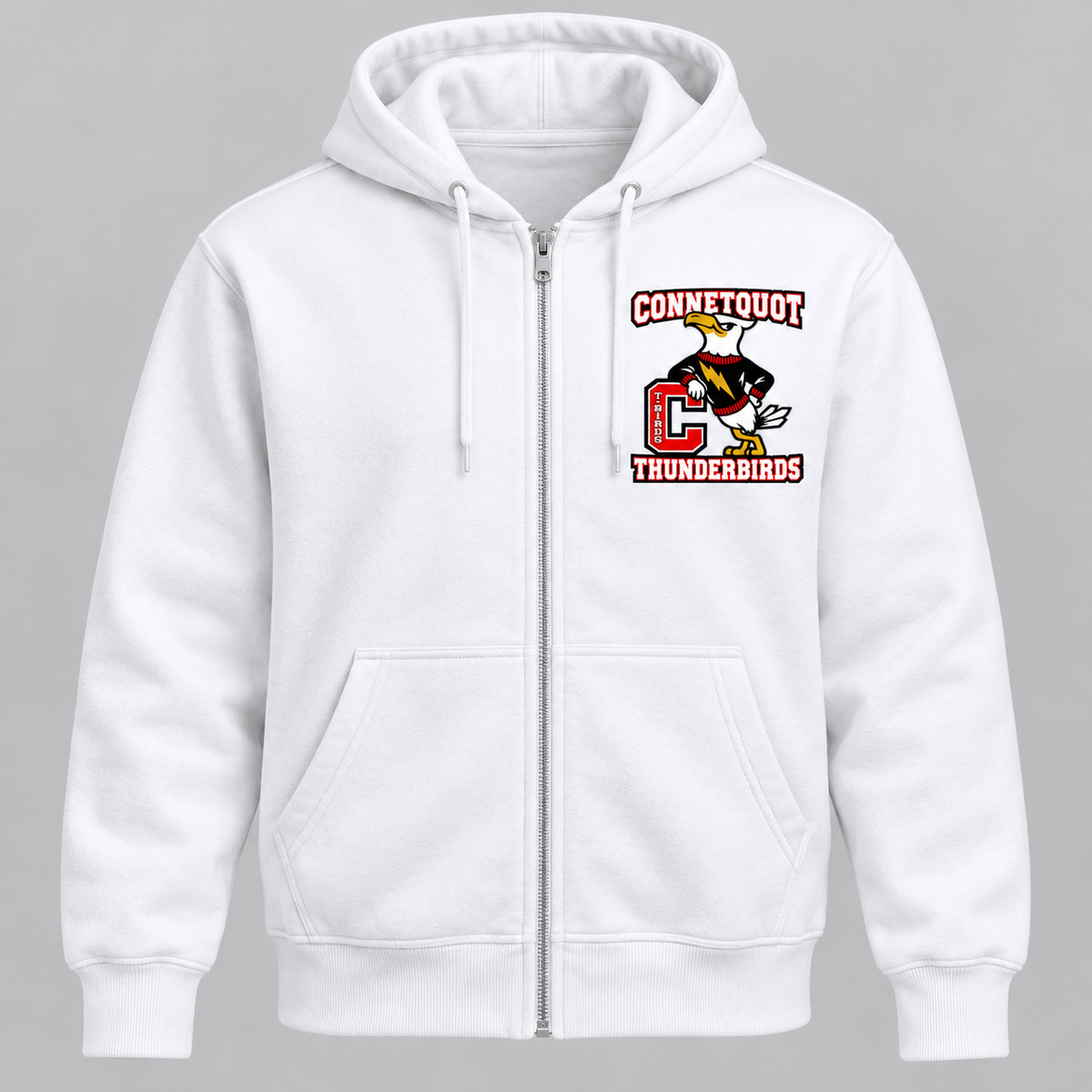 Connetquot T-Birds Heritage Mascot Zip Hoodie — Adult | Free Name Personalization in White