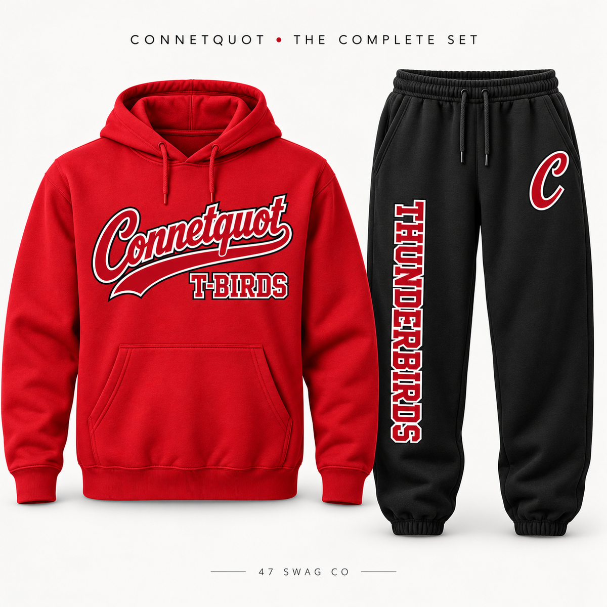 Connetquot complete set: red hoodie and black baggy sweatpants