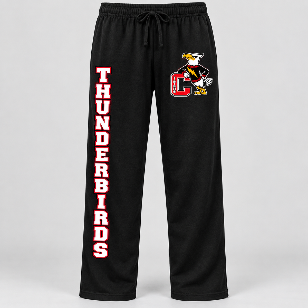 Connetquot Thunderbirds solid pajama pants Black front, lettering on wearer's right leg