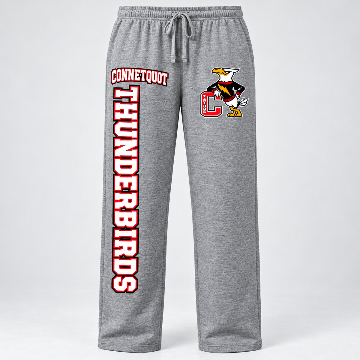 Connetquot Thunderbirds solid pajama pants Heather Gray front, lettering on wearer's right leg