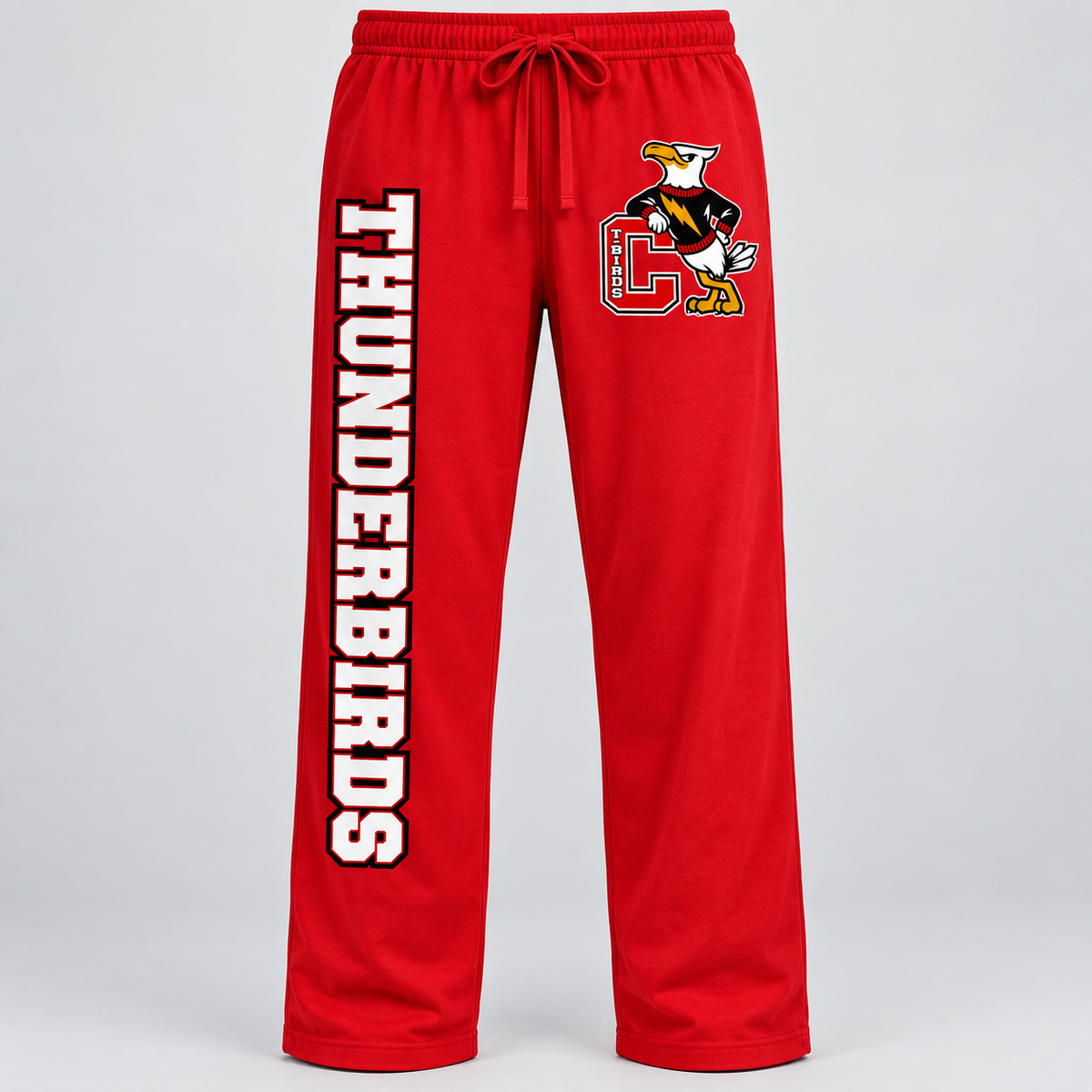 Connetquot Thunderbirds solid pajama pants Red front, lettering on wearer's right leg