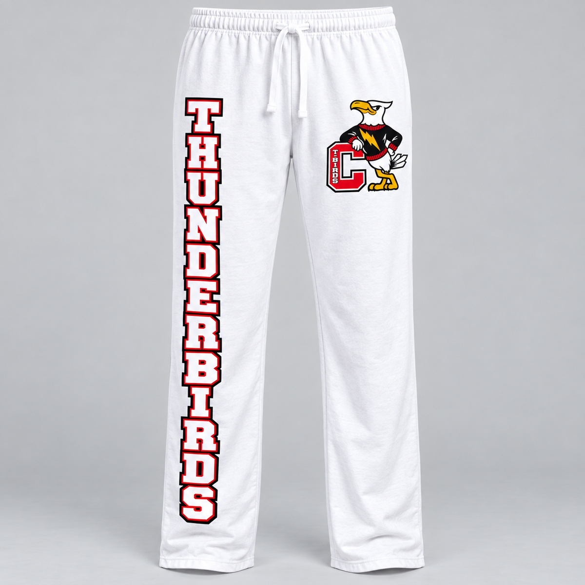 Connetquot Thunderbirds solid pajama pants White front, lettering on wearer's right leg